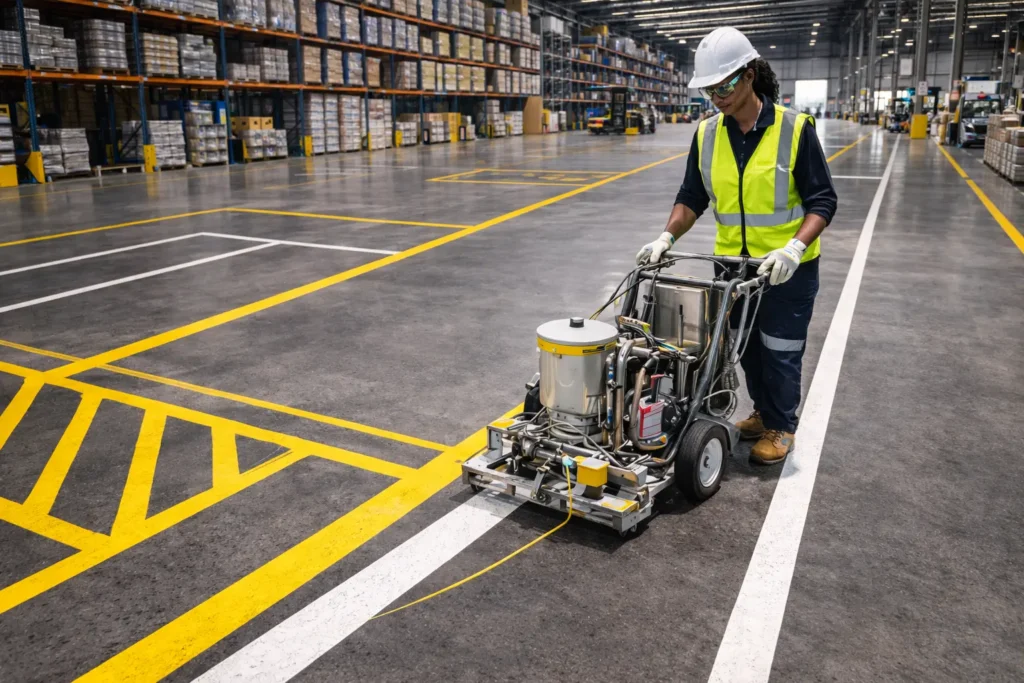 industrial floor marking brisbane forklift lanes pedestrian safety markings warehouse
