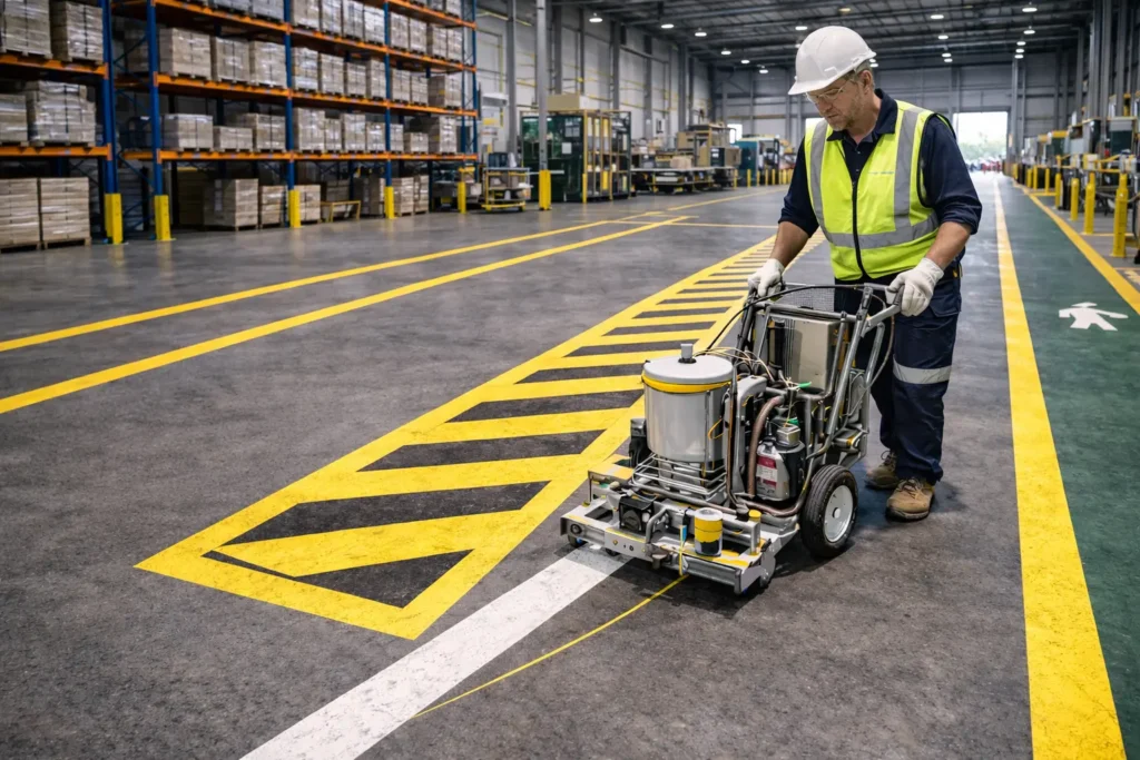 warehouse safety marking brisbane pedestrian walkway hazard zone markings warehouse